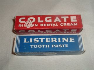 Vintage Two Empty Boxes Trail Size Toothpaste Listerine & Colgate Bathroom Decor
