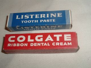 Vintage two empty Boxes TRAIL SIZE Toothpaste Listerine & Colgate bathroom Decor 2