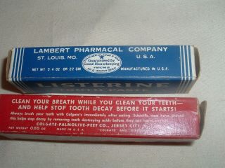 Vintage two empty Boxes TRAIL SIZE Toothpaste Listerine & Colgate bathroom Decor 3