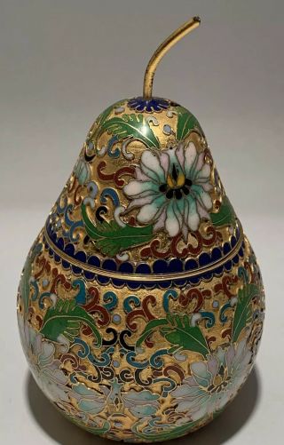 Vintage Chinese Cloisonne Pear Ornate Lotus Flower On Gold Background
