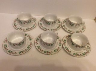 Vintage Set Of 6 Gibson Coffee Tea Cups & Saucers Holly Berries Holiday Everyday