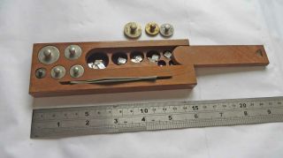 Vintage Wooden Cased Set Of Brass Laboratory Weights Old Tool
