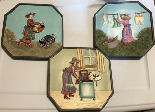 Vintage Ceramic Set Of 3 Hanging Wall Plaques Woman Washing Clothes Laundry Room
