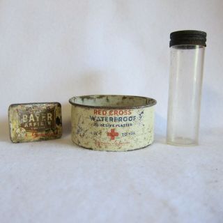 Vtg First Aid Items Bayer Aspirin Tin Red Cross Plaster Ring Lermer Pill Bottle