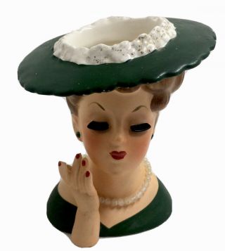 Vintage Lady Head Vase Napcoware C33430 1958 Green/pearls/hat 4.  5”