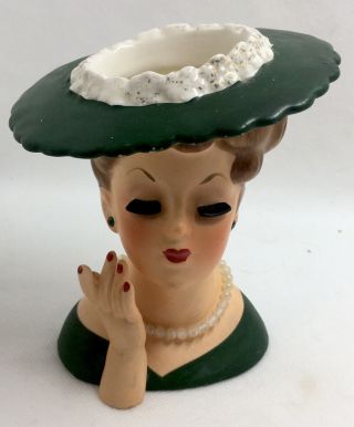 Vintage Lady Head Vase Napcoware C33430 1958 GREEN/PEARLS/HAT 4.  5” 2