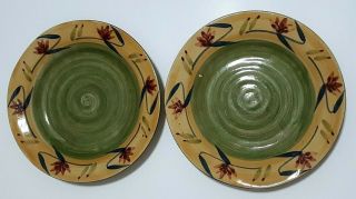 Pier 1 Elizabeth Dinner Plates Concave Hand Painted Green Swirl 11.  25 