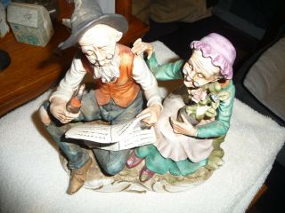 Vintage Old Man & Woman Porcelain Figurine Reading Newspaper 8” Pipe