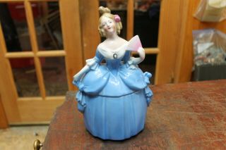 Vintage Bavaria Porcelain Dresser Doll Trinket Box Blue Dress Pink Fan