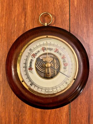 Vintage Classic Wall Barometer Wood & Brass W/ Glass Made In Western Germany