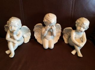 Vintage Set Of 3 White Glazed Ceramic Angels Cherubs