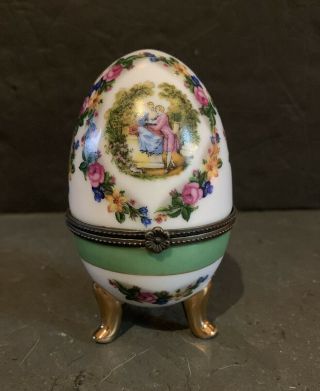 Vintage Limoges France Hinged Egg Trinket Box Hand Painted Multicolor 4”
