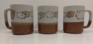 Vintage Pig Stoneware Coffee Mugs Handcrafted Otagiri Japan Set Of 3 Brown Tan