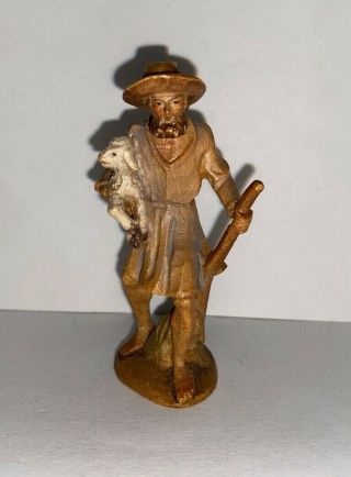 Anri Wood Carving Figurine Shepherd With Sheep Stick Nativity Italy Aa N516 Qq