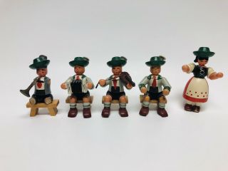 5 Vintage Erzgebirge Gdr German Miniature Wooden Musicians/server Figurines