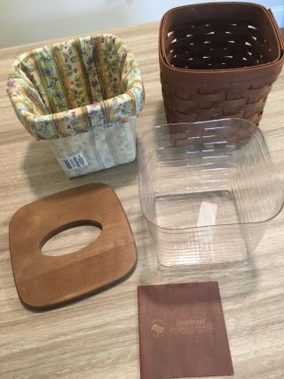 Longaberger Tissue Basket W/ Wooden Lid And Botanical Fields (?) Liner