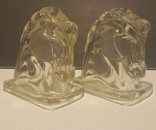 Vintage Mid Century Glass Crystal Horse Head Bust Bookends Equestrian Hippophile
