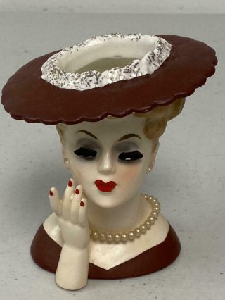 Vintage Napco Lady Head Vase C3343 Brown Hat/dress & Pearls Missing Earrings