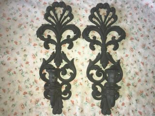 2 Vtg Burwood Candle Holders Wall Hanging Decor Sconces 4425 - 2 Black Ornate 15 "