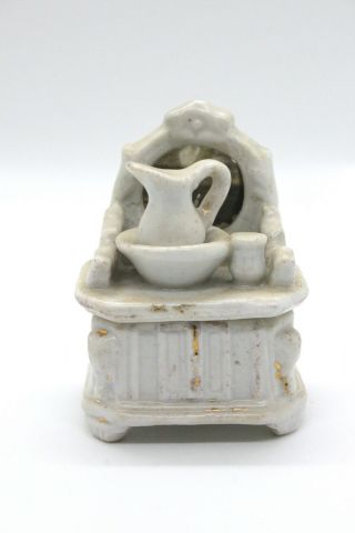 Antique Miniature Porcelain Fairing Trinket Box Vanity W/ Wash Bowl & Pitcher