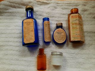 Riodine W/label,  3 Different Peptenzyme Cobalt Blue Bottles With Labels