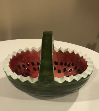 Vintage Ceramic Watermelon Basket With Handle Serving Bowl Seeds & Vine Pattern