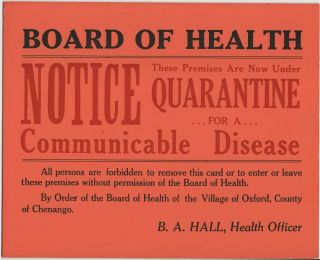 Quarantine Notice Communicable Disease Vintage Sign Board Of Health Oxford Ny