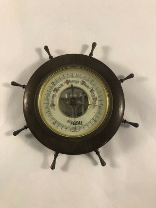 Vintage Focal West Germany Ship Wheel Barometer Weather Wood Brass Nautical Vtg