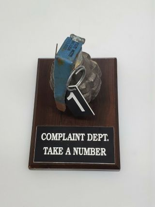 Vintage Complaint Department Take A Number Grenade Sign On Wooden Plaq.