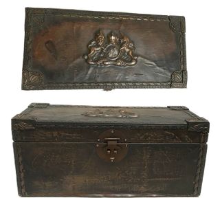 Vintage Wood Box Chest Medieval Gothic With Lion Shield Knight Crown 12x6x5”