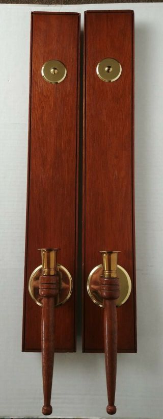 Vintage Mid Century Wooden Oak & Brass Wall Sconces Candle Holder