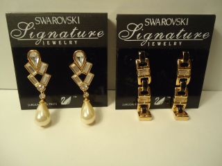 2 Vintage Pairs On Card Of Swarovski Signature Jewelry Crystal Post Earrings