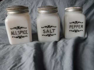 Vintage Salt And Pepper Shaker White Milk Glass All Spice Shaker Black Lined Let