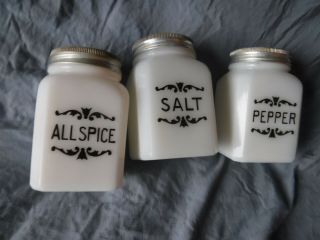 Vintage Salt And Pepper Shaker White Milk Glass All Spice Shaker Black Lined Let 2