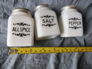 Vintage Salt And Pepper Shaker White Milk Glass All Spice Shaker Black Lined Let 3