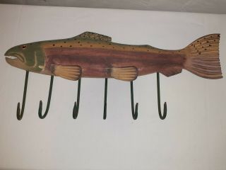 Hand Carved & Wooden Rainbow Trout Wall Hanging Mount With Hooks 22 - 1/2 " Wide