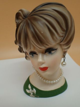 Vintage Napcoware Lady Head Vase Faux Pearls Green Dress Blonde Hair Napco C7472