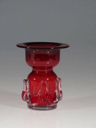 Vintage Cranberry Glass Bulb Forcing Vase With Crystal Rigaree C.  1975