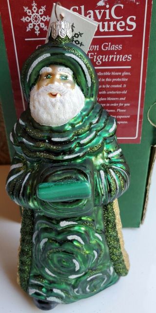 Slavic Treasures Green Malachite Santa Blown Glass Christmas Ornament Poland