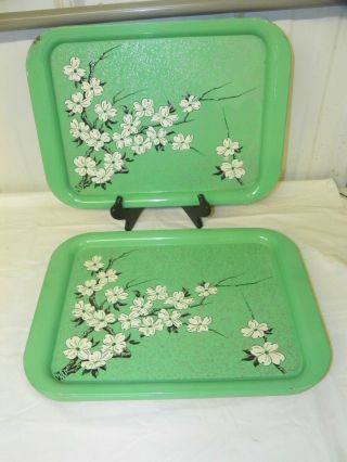 Set Of 6 Vintage Metal Serving Lap Tv Tole Tray Green White Flowers
