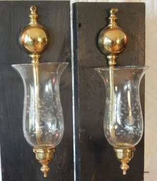 Pair Brass Hurricane Candle Wall Sconces With Etched Glass Shades Globes