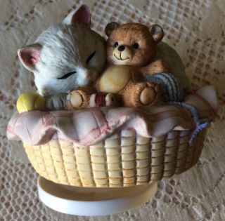 George Good Rotating Music Box/cat & Teddy Bear In Basket/plays “mr.  Sandman”