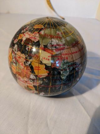 Vintage Mixed Semi Precious Minerals With Inlaid Brass Globe Paperweight