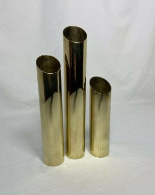 Vintage Mid Century Modern Cylinder Brass Candle Holder Set 3 Vtg Tube Weighted 2