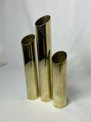 Vintage Mid Century Modern Cylinder Brass Candle Holder Set 3 Vtg Tube Weighted 3