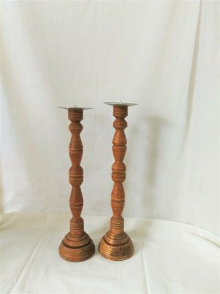Vintage Pair Tall Wooden Candle Holder,  Carved Wood Candlestick Set Of 2