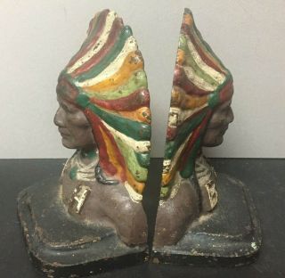 1930 ' s Bradley & Hubbard B&H Cast Iron Indian Chief Antique Bookends HandPainted 2