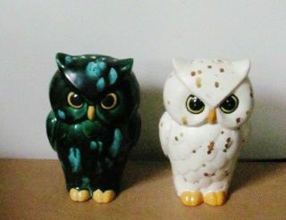 2 Vintage Handmade Ceramic Owl Figurines / Sugar Shakers Green & White 6.  5 " Tall