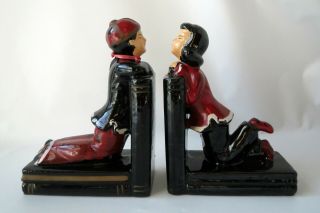 Vintage Asian Chinese Bookends Girl Boy Red Black Mid Century