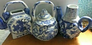3 Vintage Asian Blue & White Porcelain Teapots - 2 With No Lid - Made In China